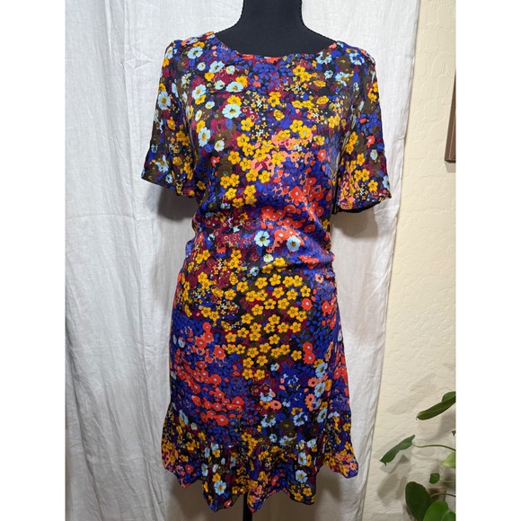 Anthropologie Dresses & Skirts - Anthropologie Floral Mini Dress Multi Color Ruched Ruffle Hem Tie Back US 10